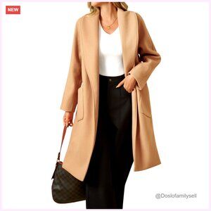 Classic Lapel Pea Coat Open Front Loose Fit Trench Style Winter Outwear